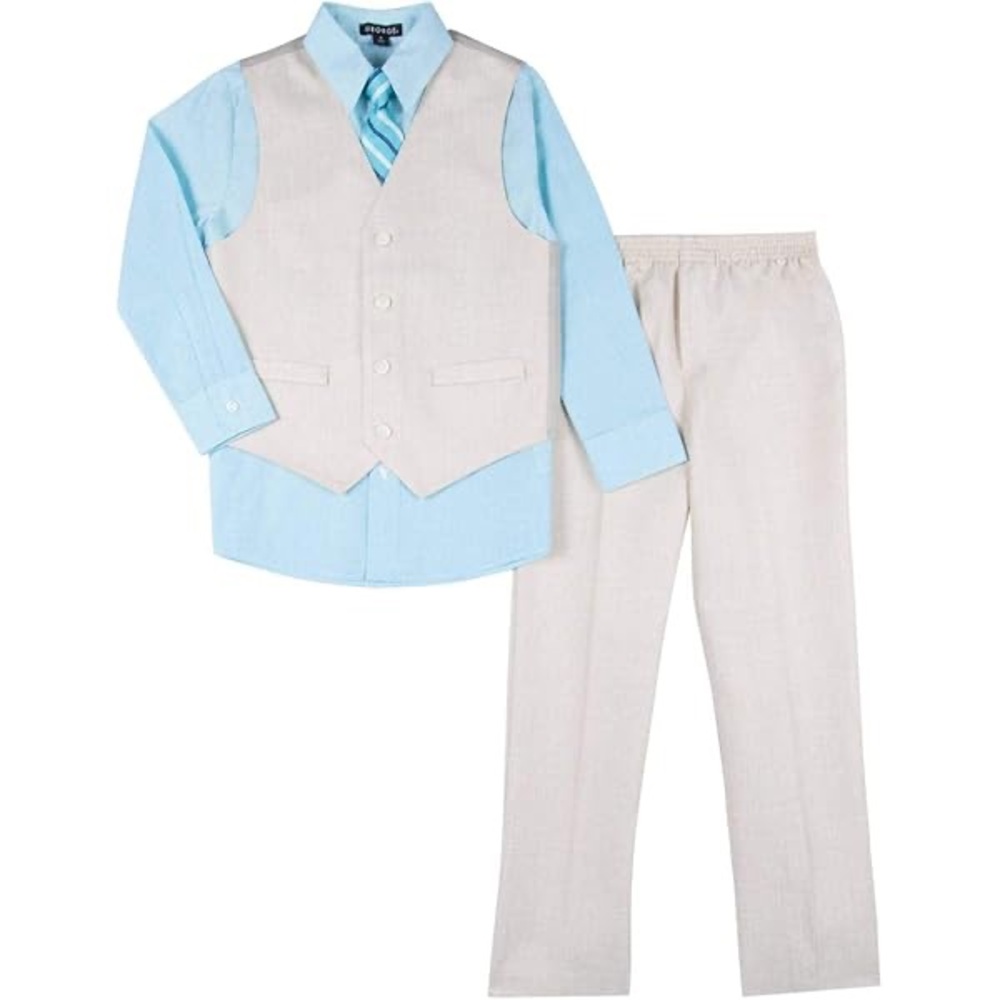 🆕 KENNETH COLE REACTION Boys 4-Piece Pants Suit Set, Khaki/Blue
